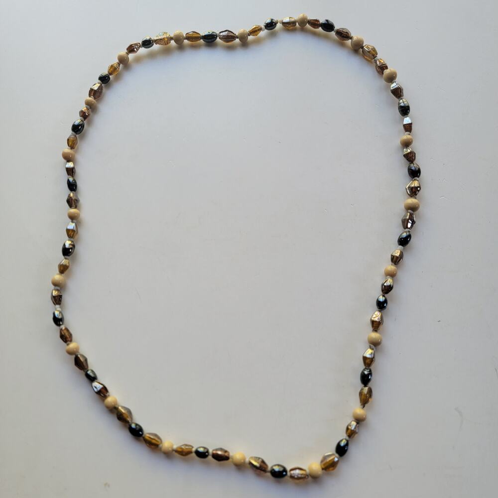 Vintage Amber Brown Glass Bead Necklace, Cream Rounds And Dark Oval Beads, 28in